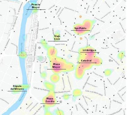 Mapa en la aplicación Instasights con los lugares más fotografiados de Valladolid.