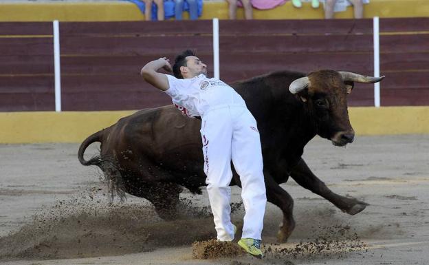 Sergio Redondo, cortador, en su actuación durante el concurso de cortes celebrado en Pollos, con motivo de sus fiestas patronales.