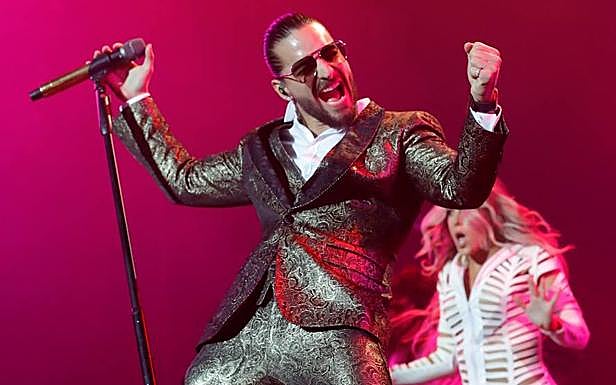 Maluma, durante el concierto que ha ofrecido en el Palacio de los Deportes de Madrid. 