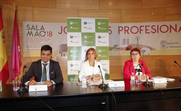 El director territorial de EspañaDuero, junto a la vicepresidenta de la Diputación, Chabela de la Torre, y la coordinadora del informe, Felisa Becerra. 