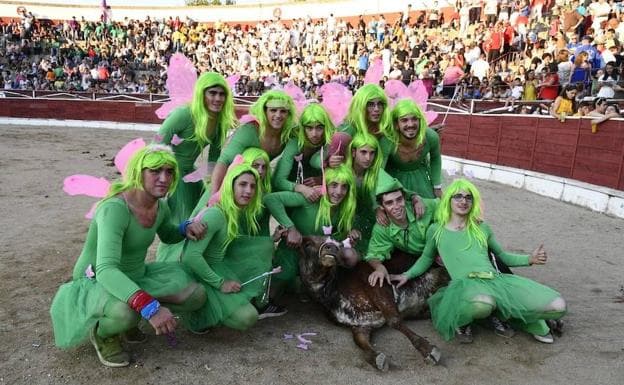 Jóvenes peñistas rodean a un becerro en uno de los festejos de las fiestas de El Espinar.