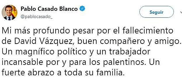 El presidente del PP, Pablo Casado, mostró sus condolencias a través de redes sociales. 