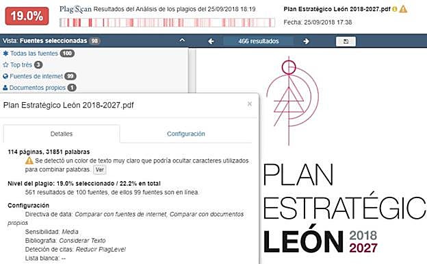 Datos de copia ofrecidos por el programa PlagScan sobre el Programa Estratégico de León.