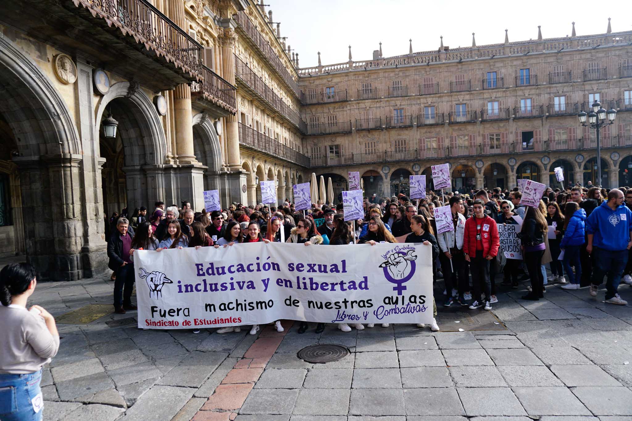Más de 200 estudiantes se sumaron a la convocatoria del Sindicato de Estudiantes y el de Libres y Combatientes, que portaron una pancarta de cabecera donde se podía leer la principal demanda de esta protesta:'Educación sexual inclusiva y en libertad. Fuera el machismo de nuestras aulas'