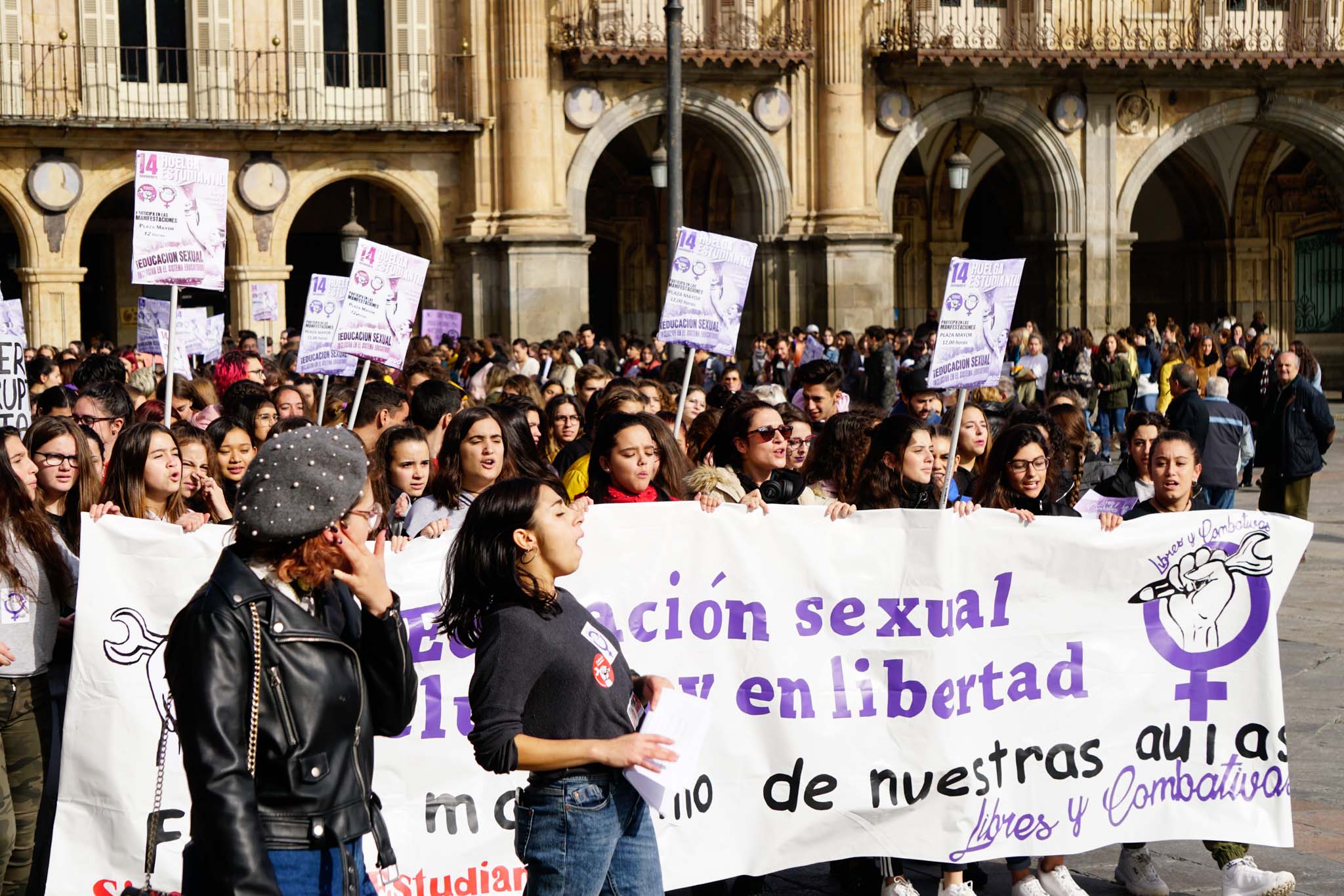 Más de 200 estudiantes se sumaron a la convocatoria del Sindicato de Estudiantes y el de Libres y Combatientes, que portaron una pancarta de cabecera donde se podía leer la principal demanda de esta protesta:'Educación sexual inclusiva y en libertad. Fuera el machismo de nuestras aulas'