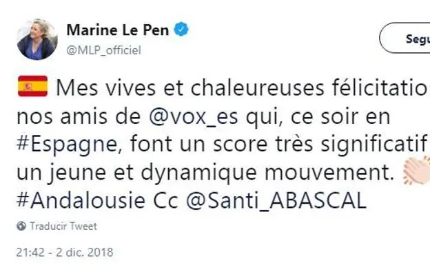 Marine Le Pen felicita a VOX por su resultado: «Son un movimiento joven y dinámico»
