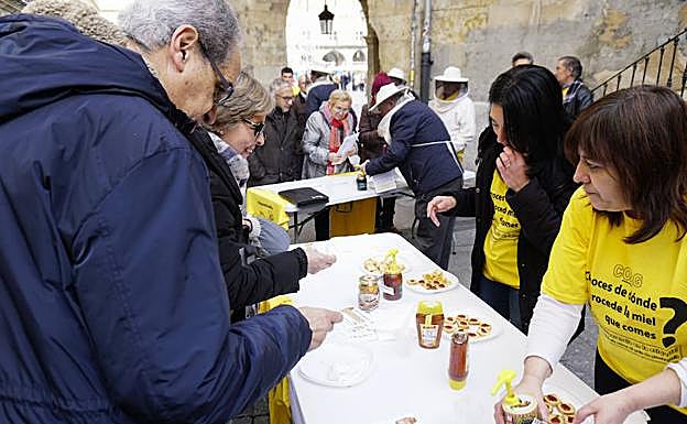 Los ciudadanos pudieron probar la calidad de la miel salmantina ayer en la plaza del Corrillo. 