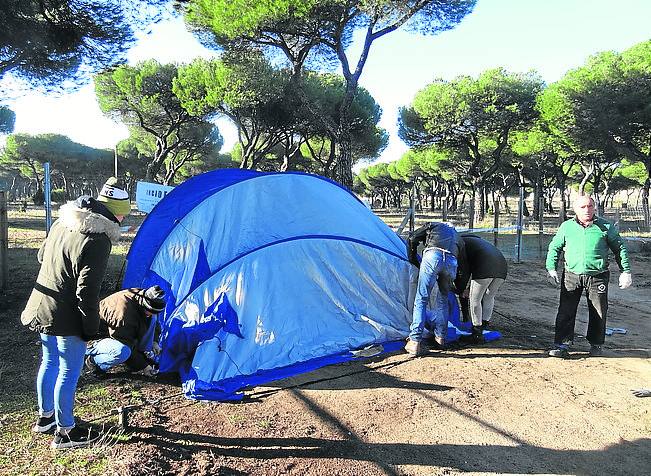 Imagen secundaria 1 - Arriba, los organizadores colocan el césped. Debajo, el motoclub de Quintanilla de Onésimo monta su tienda de campaña y un hombre hace acopio de leña. 