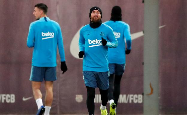 Leo Messi, sonriente en la sesión vespertina del martes. 