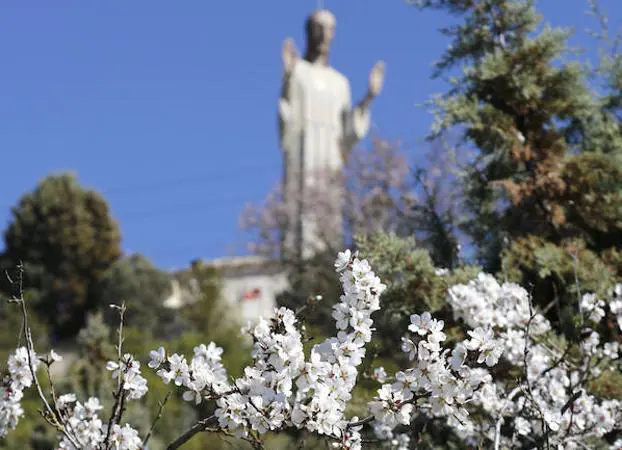 Un almendro en flor, ayer en el cerro del Otero con el Cristo al fondo. 