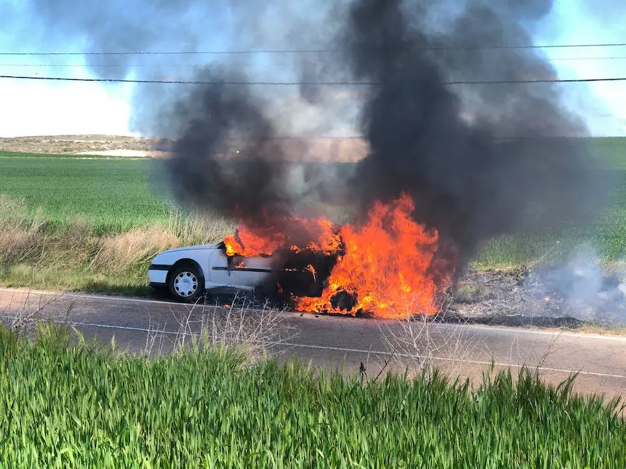 Las llamas calcinan el coche, en la carretera de Olombrada a Perosillo. 