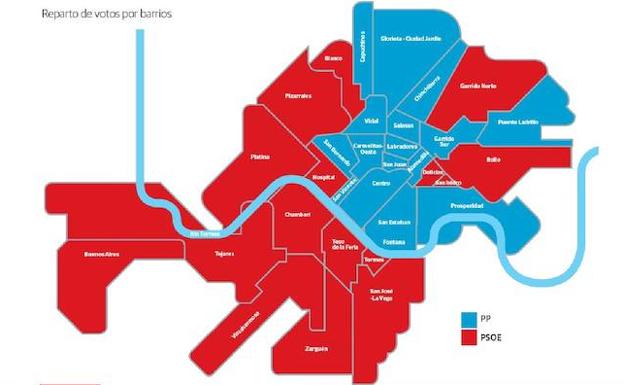 Mapa en el que pueden apreciarse los barrios en los que ha ganado cada partido. En rojo los del PSOE y azul los del PP