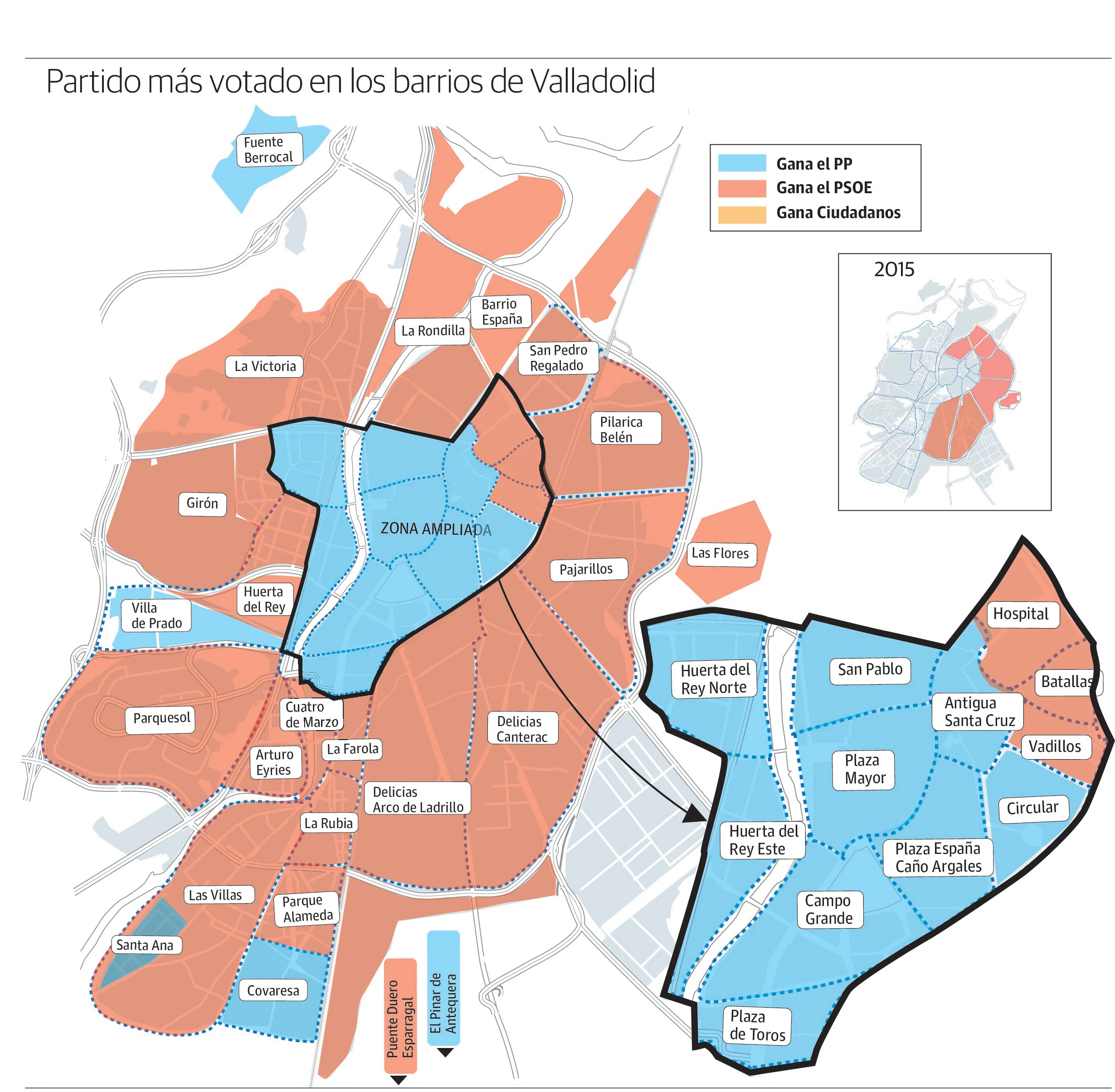 Partido más votado en los barrios de Valladolid