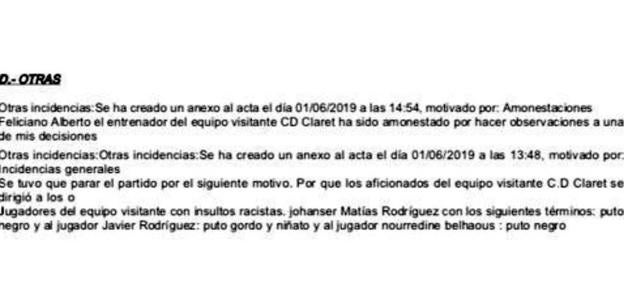 Extracto del acta del partido en el que el árbitro refleja los insultos a jugadores del CD Cantalejo. 