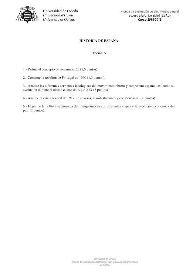 Examen de Historia de España de la EBAU en Asturias
