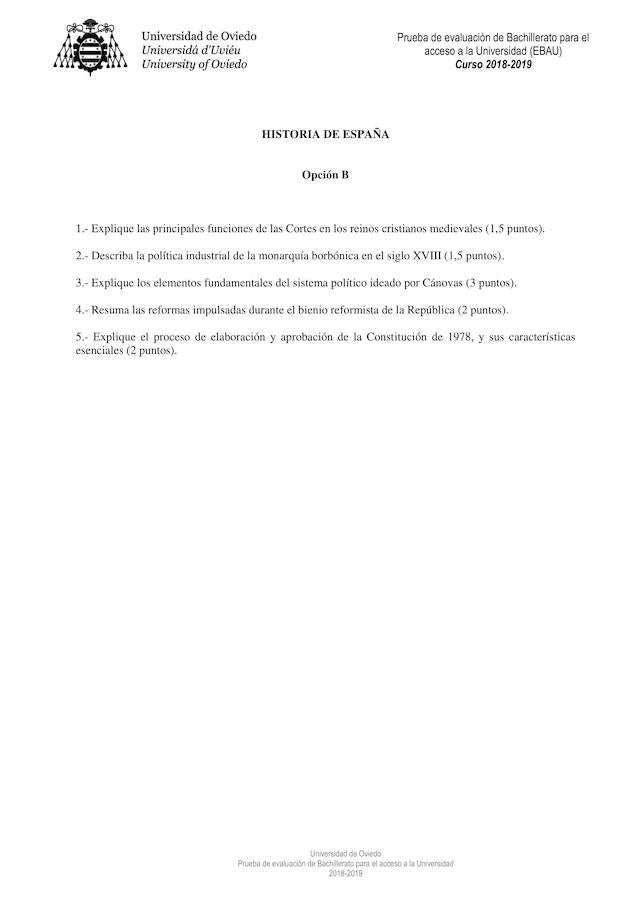 Examen de Historia de España de la EBAU en Asturias