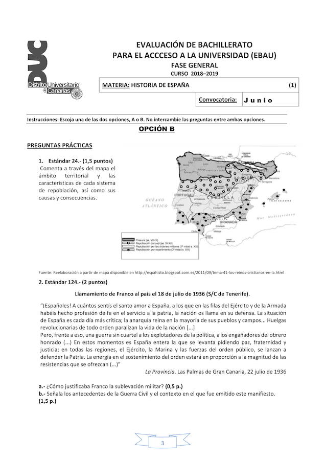 Examen de Historia de España de la EBAU en Canarias.