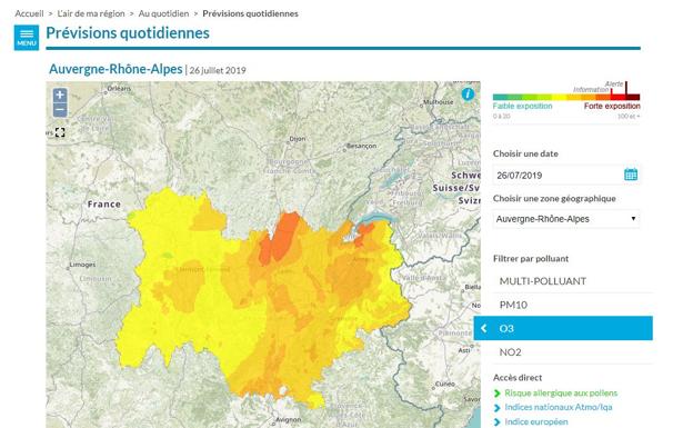 Página web de la zona de Rhone-Alpes en la que se muestran los niveles de contaminación por diferentes tipos de partículas, en este caso de ozono el pasado viernes. 