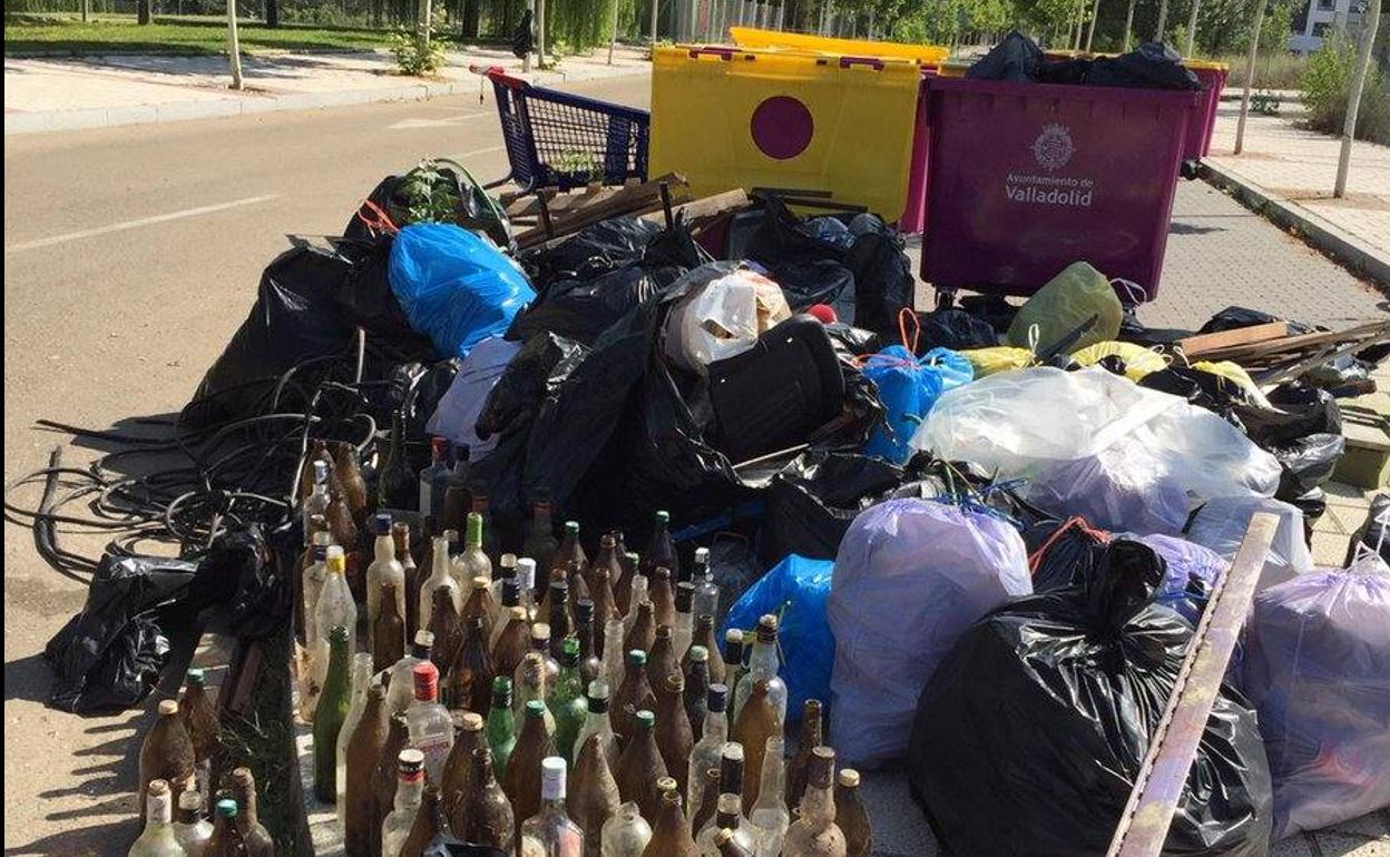Medio centenar de jóvenes sacan quince contenedores de basura de la ribera del Pisuerga en Valladolid