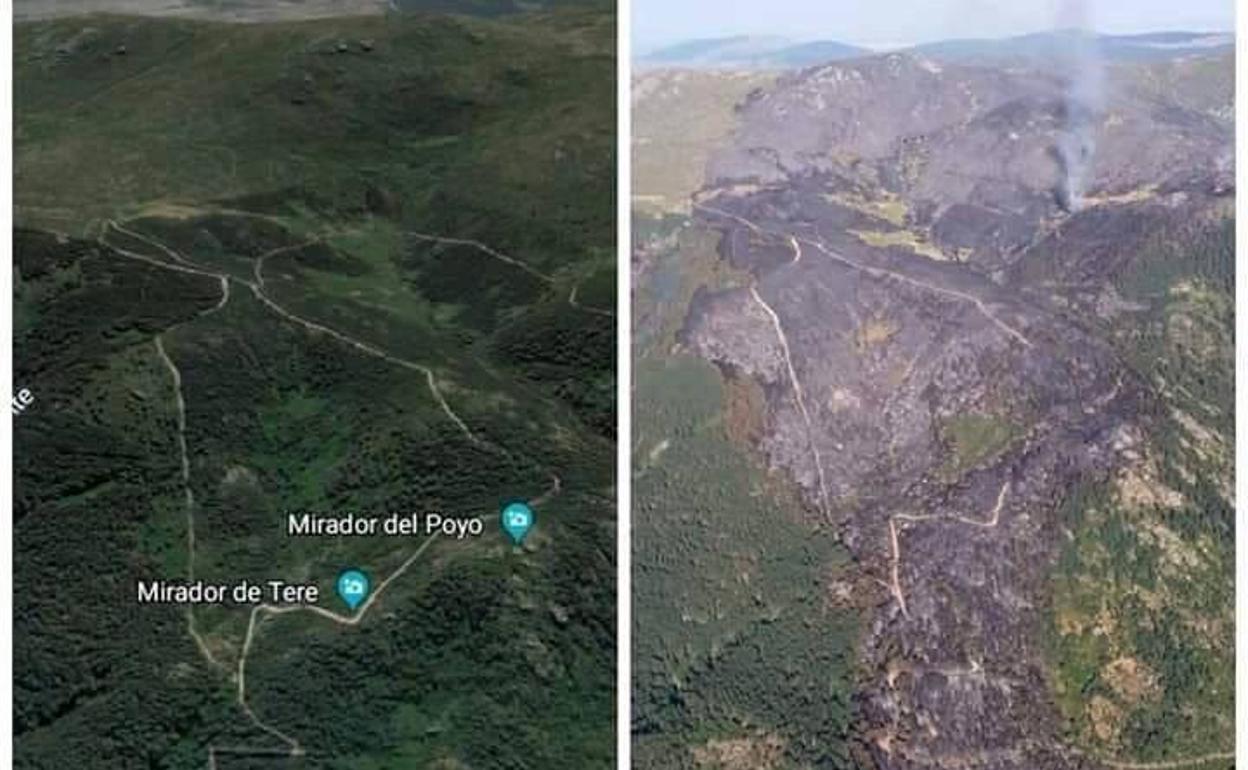 Imágenes aéreas de la zona afectada antes y después del incendio.