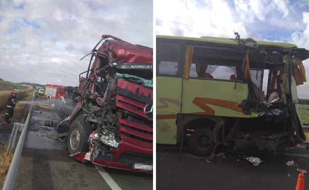 El camión y el autobús accidentados. 