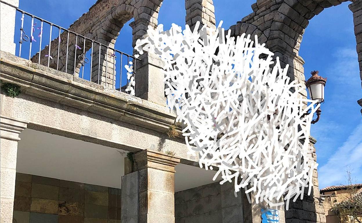 Fotomontaje con la instalación 'Nube' del artista Ricardo Cárdenas, que estará en la terraza de Santa Columba. 