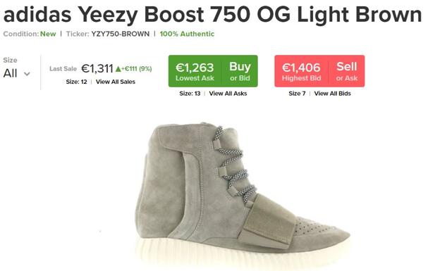 Los precios actuales de la Yeezy Boost 750 en una plataforma especializada en la compraventa de zapatillas de edición limitada.