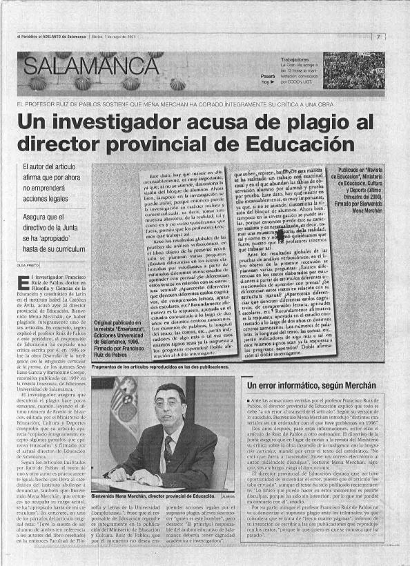 Página de El Adelanto, en el año 2001, con la información del plagio y el texto correspondiente. 