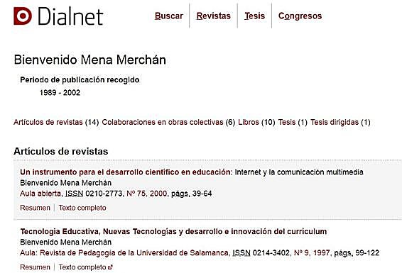 Dialnet muestra aún, disponibles al completo, los textos plagiados por Bienvenido Mena. 