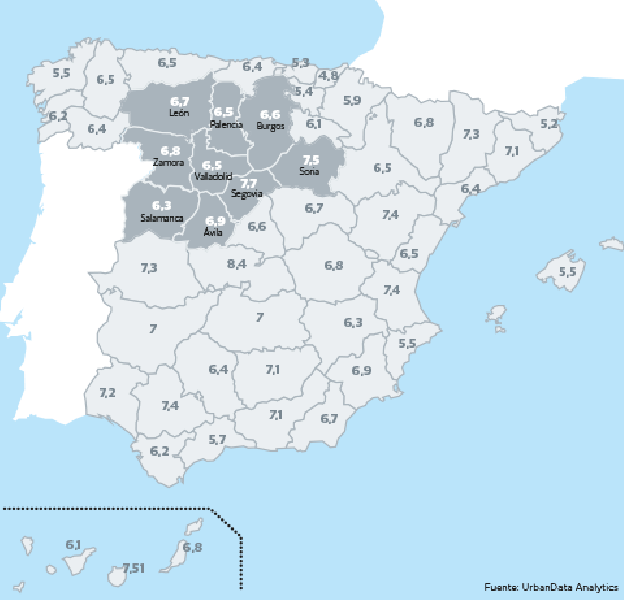 Rentabilidad bruta del alquiler por provincias.