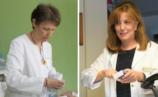 María José Alonso Barreda, en su farmacia de Antigüedad y María Ángeles Fernández Alonso, en Tiedra.