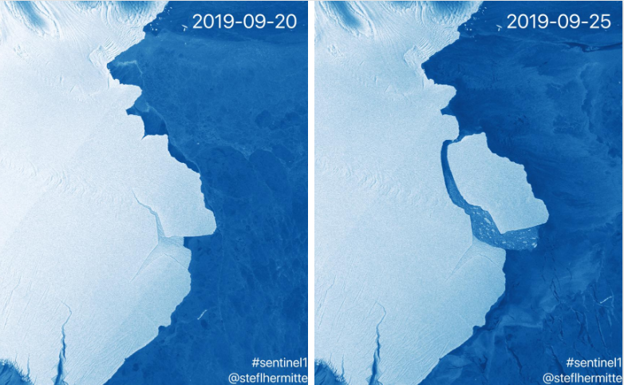 Imágenes satelitales de la fractura en la plataforma de hielo antártica Amery del día 20 de septiembre (i) y del 25 de septiembre (d).