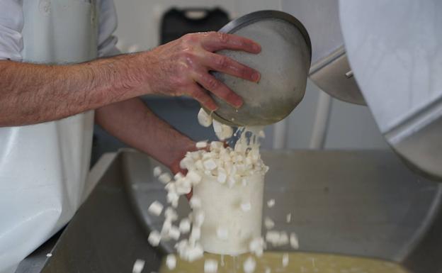 Pablo Goicoechea introduce los granos de queso en el molde y los airea mientras caen.