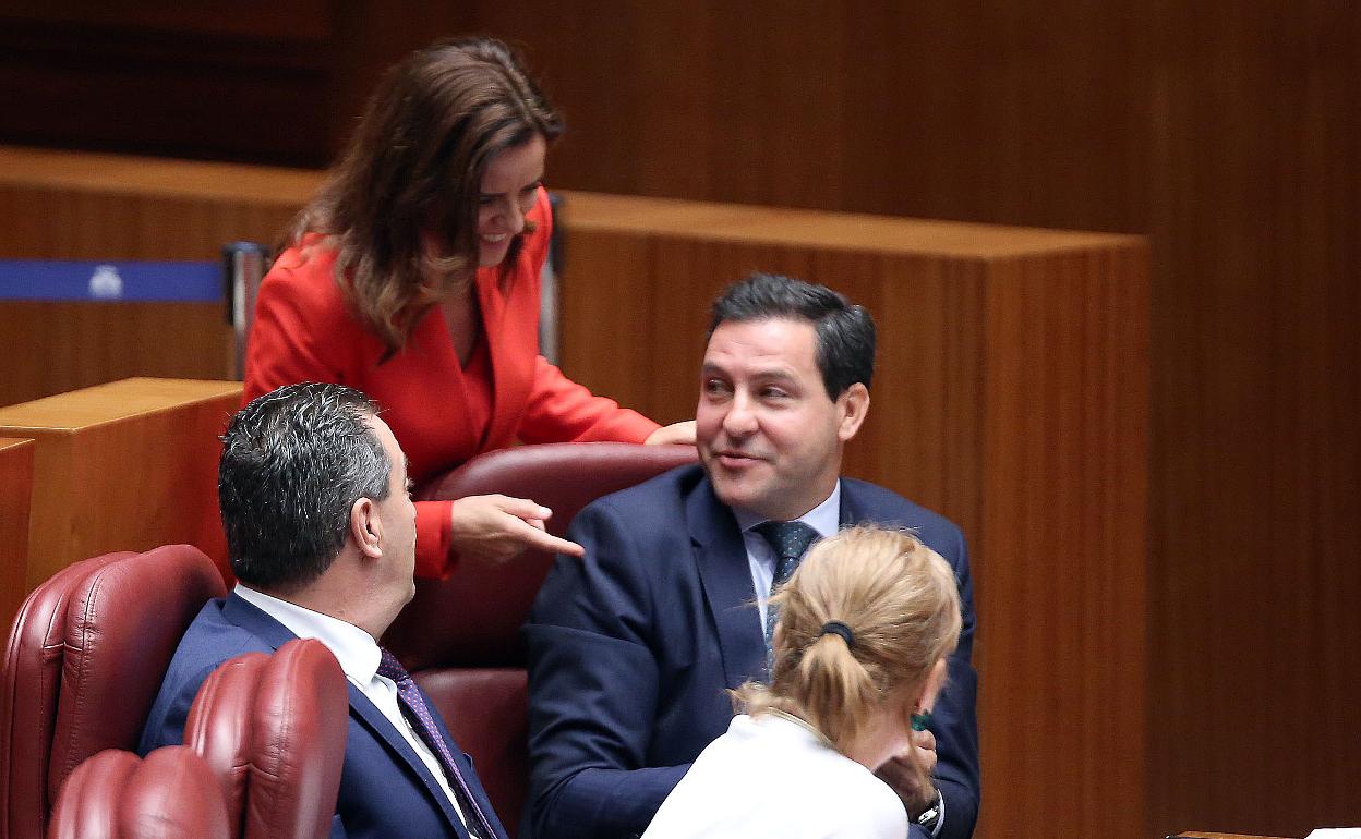 La portavoz de Ciudadanos, Ana Carlota Amigo, conversa con el del PP, Raúl de la Hoz, en el pleno de las Cortes de esta semana, durante el que se informó oficialmente de la creación de las tres comisiones de investigación que impulsan las dos formaciones.