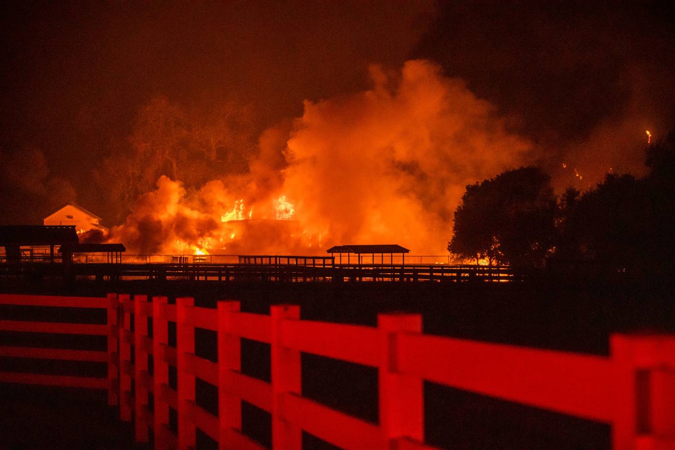 Granja en llamas durante el incendio Kincade