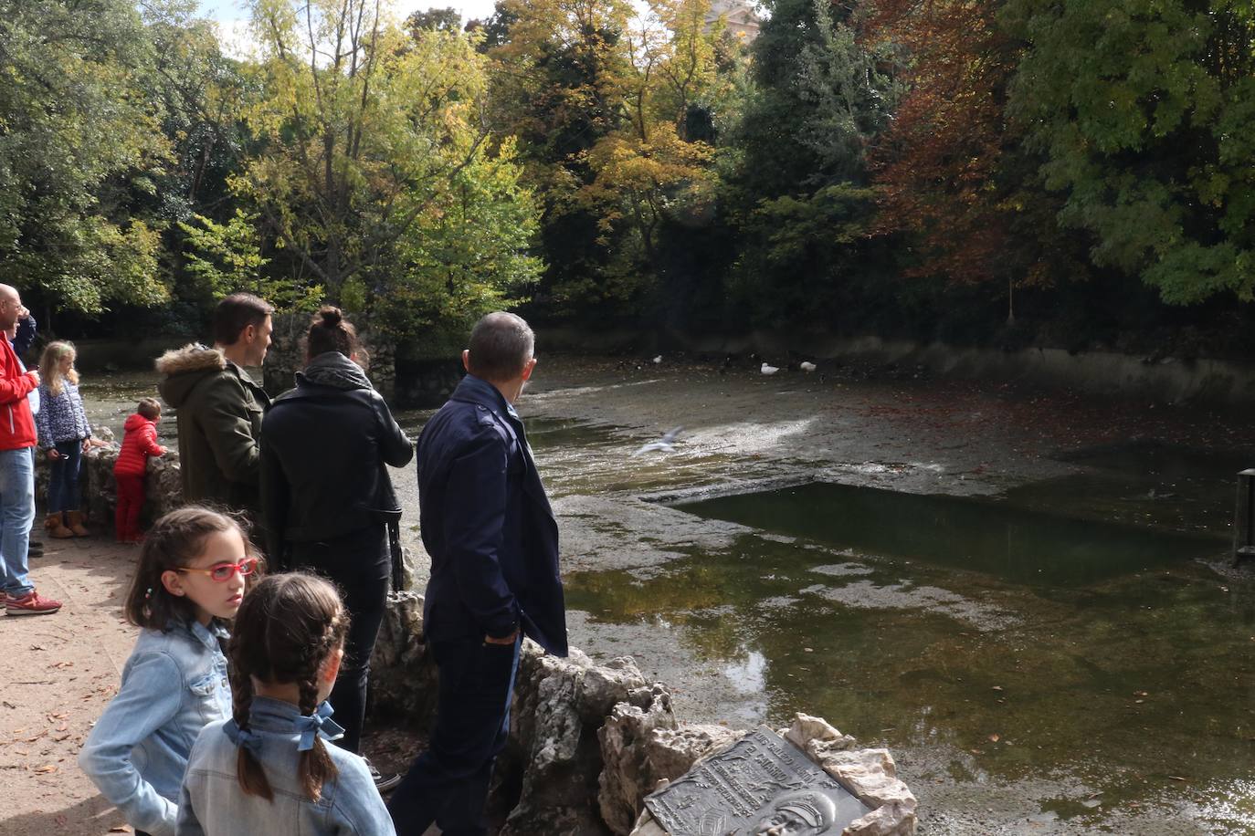 Los operarios vacían el canal, una vez despejado el estanque, ante la curiosa mirada de familias y paseantes y el apiñamiento de los habitantes acuáticos del parque.