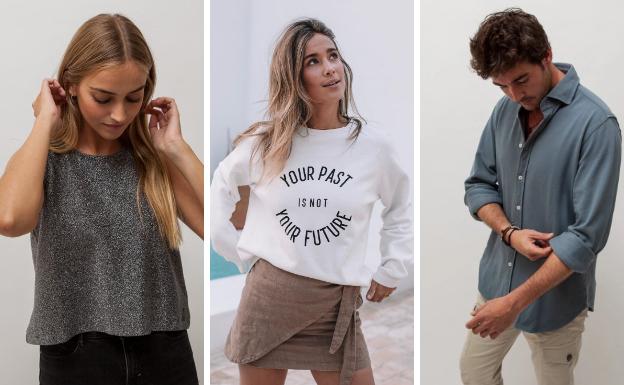 María Pombo, en el centro, son sudadera 'future', que cuesta 49 euros. El top sale por 34 y la camisa masculina por 53.