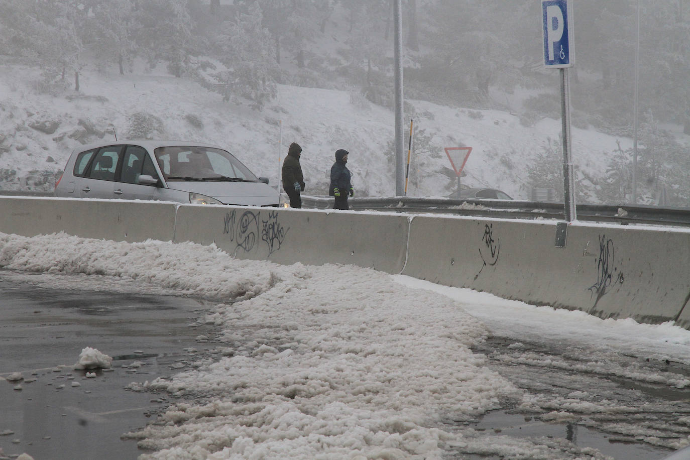 Niebla y nieve en el puerto de Navacerrada.