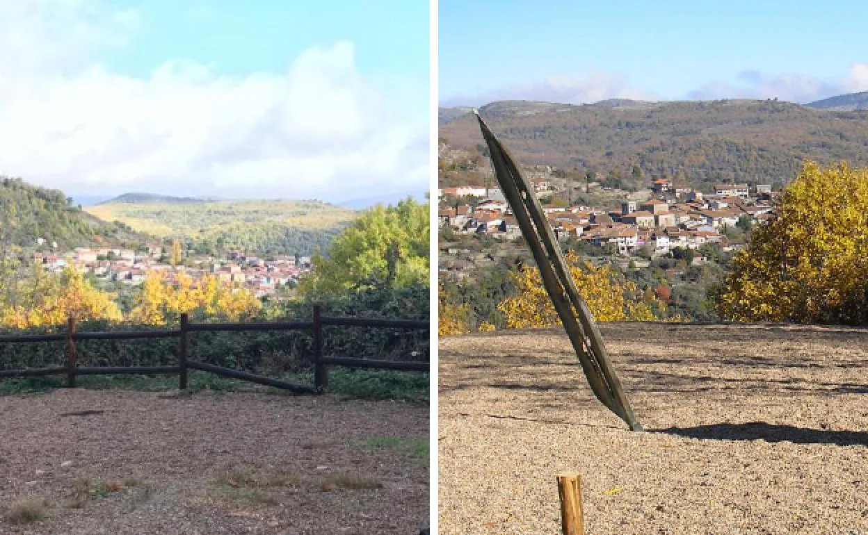 Imagen del mirador sin la escultura y de la escultura cuando lucía en su ubicación