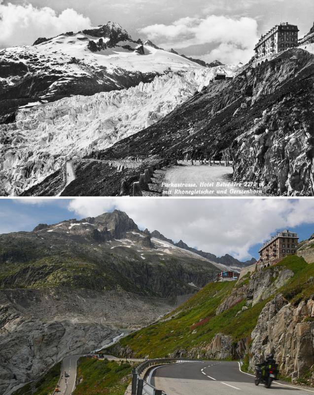 En esta foto combinada se puede ver el Glaciar Rhone y el Hotel Belvedere fotografiados en Obergoms (Suiza) antes de 1938 (arriba) y el 21 de agosto de 2019 (abajo).