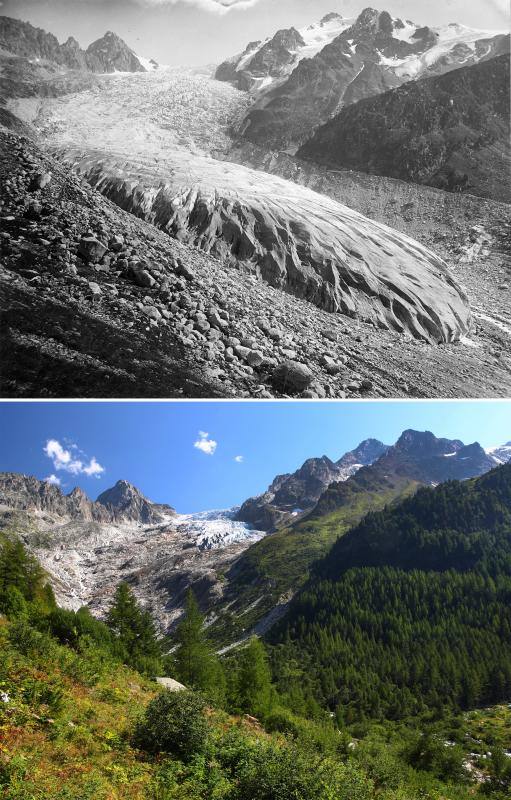 En esta composición se muestran el glaciar Trient visto en Trient (Suiza) en 1891 (arriba) y el 26 de agosto de 2019 (abajo).