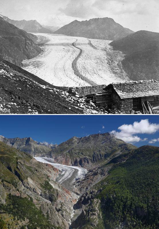 Otra imagen combinada en la que se puede ver otra vista diferente del glaciar Aletsch como estaba en 1865 (arriba) y visto desde Belalp (Suiza) el 3 de septiembre de 2019 (abajo).