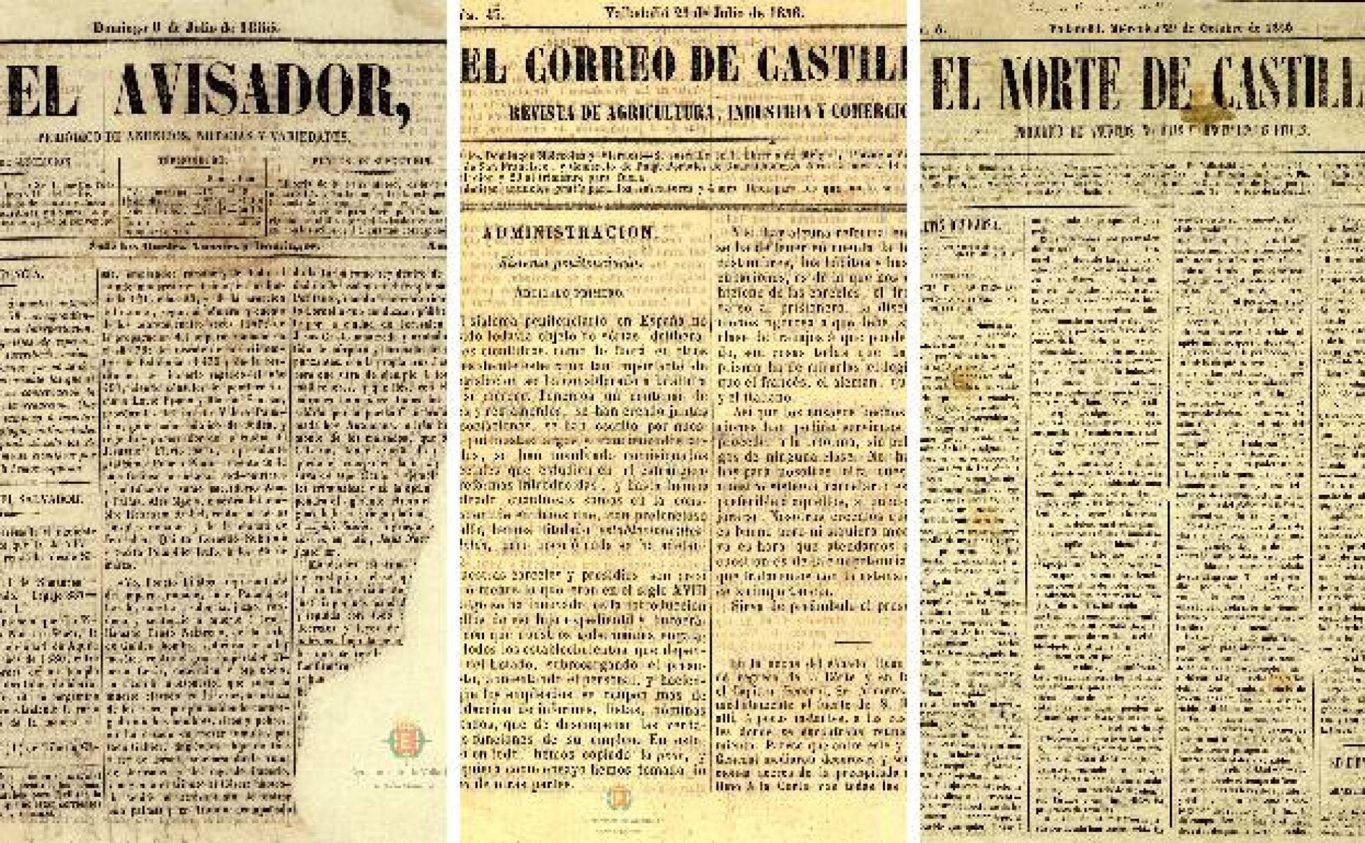 Primeras páginas de tres ejemplares de El Avisador, El Correo de Castilla y El Norte de Castilla, la primera del año 1855 y las otras dos de 1856.