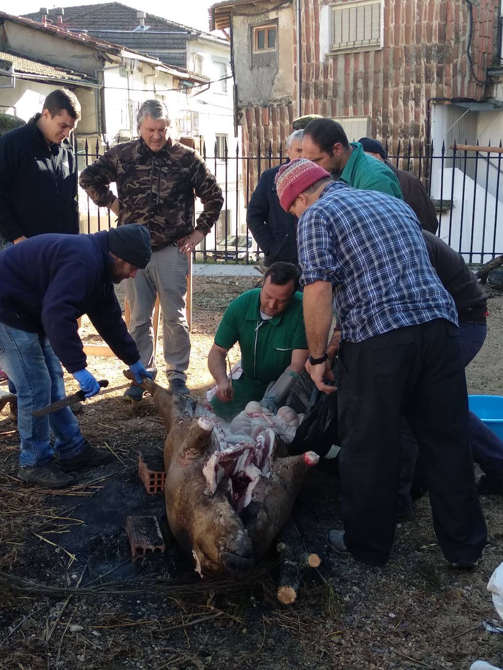 El despiece del cerdo, a partir del que se sacaron costilletas, lomo, chorizos, torreznos, morcilla o panceta, se llevó a cabo en la Plaza Mayor del municipio