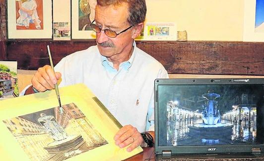 Pepe García junto a su acuarela y, al la derecha, una fotografía de la Fuente Dorada.