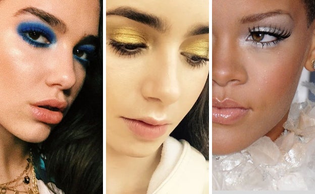 Dua Lipa, Lily Collins y Rihanna inspiran maquillajes en azul, dorado y color plata.