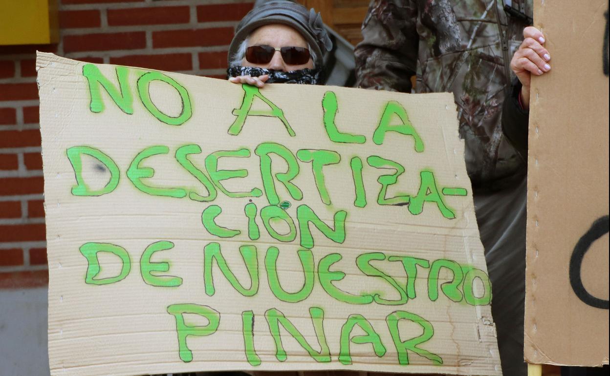 Una vecina de Gomezserracín manifestándose por los pinares. 