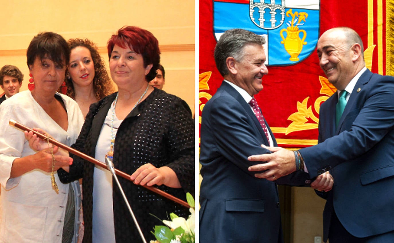 Clara Luquero, con el bastón de mando, y Miguel Ángel de Vicente (derecha), durante sus tomas de posesión.