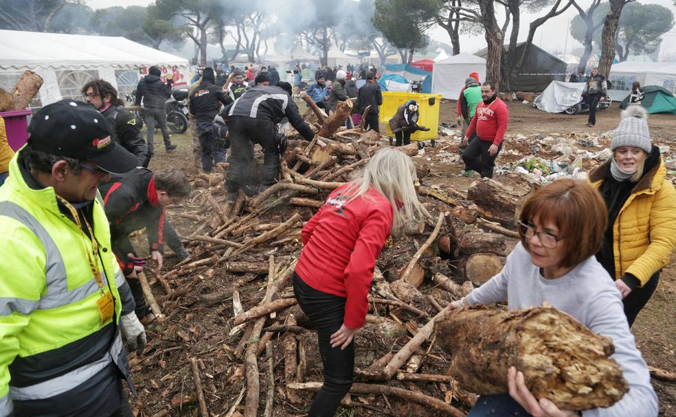 Pingüinos en busca de leña nada más descargar uno de los camiones. A la izquierda asoma un contenedor lleno. 