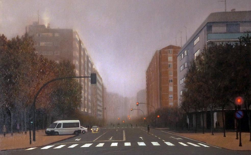 Óleo de Santiago Estévez sobre la Avenida de Palencia en un día de niebla